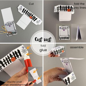 Puede incluir: Instrucciones paso a paso para montar una manualidad de papel con tem&aacute;tica de Halloween. La manualidad presenta un dise&ntilde;o de valla con una calabaza y telara&ntilde;as. El texto incluye "Cut out", "fold", "glue", y "You are BOO-tiful!"