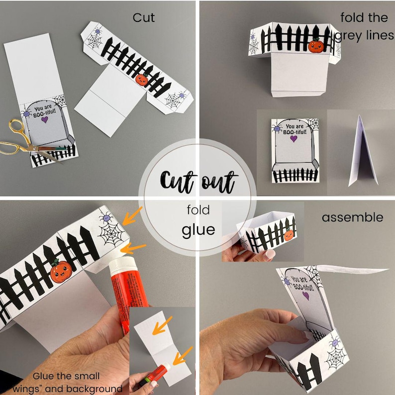 Puede incluir: Instrucciones paso a paso para montar una manualidad de papel con tem&aacute;tica de Halloween. La manualidad presenta un dise&ntilde;o de valla con una calabaza y telara&ntilde;as. El texto incluye "Cut out", "fold", "glue", y "You are BOO-tiful!"