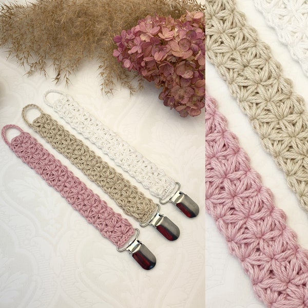 Crochet pattern Jasmine Pacifier holder, English US Terms & Swedish, Söt Napphållare