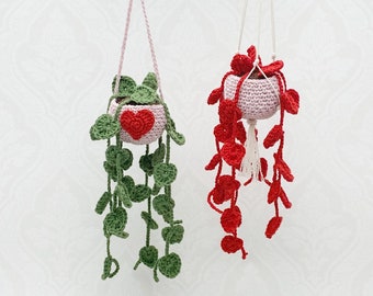 String of Hearts mini plant, Car hanging plant crochet pattern for Valentines, English US Terms & Swedish