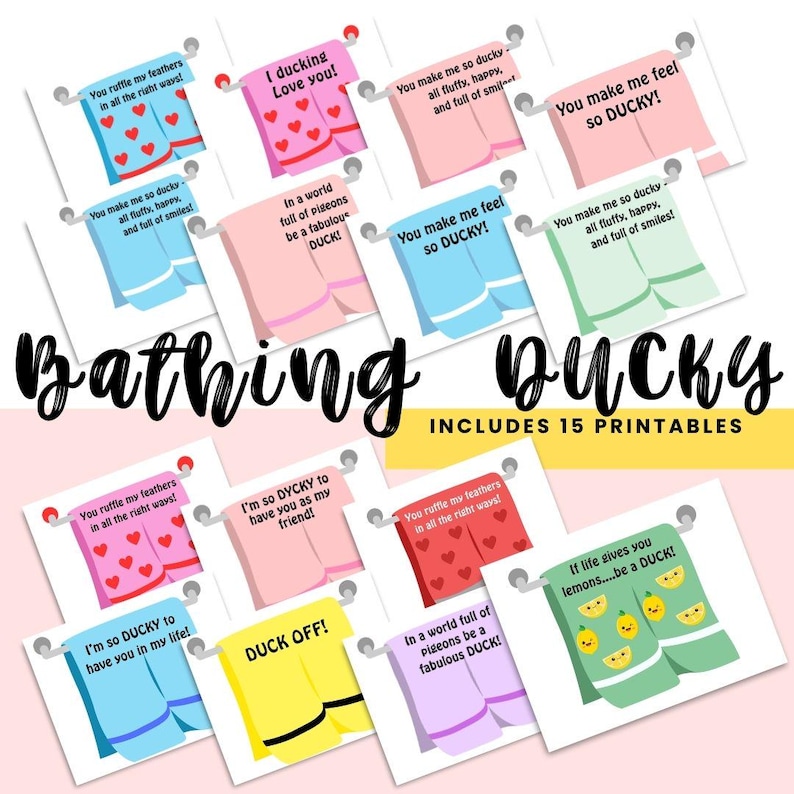 Puede incluir: Un conjunto de 15 tarjetas imprimibles con ilustraciones lindas de toallas y patos con mensajes divertidos y juegos de palabras. Las tarjetas son perfectas para agregar un toque de humor a la decoraci&oacute;n de tu ba&ntilde;o.