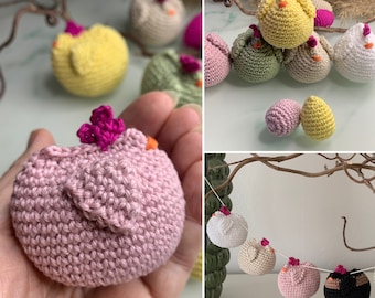 May include: A collection of crocheted chicks in various colors, including pink, yellow, green, and white. Some chicks are hanging from a branch, while others are sitting on a table. The chicks are all handmade and have a cute, whimsical look.