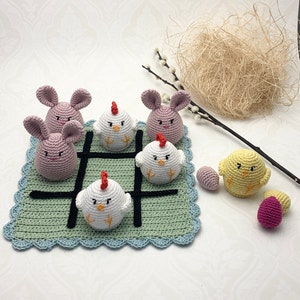 Crochet pattern Super cute Easter Tic tac toe, Three in a Row game, English (US) Terms & Swedish, virkmönster Tre i Rad Påsk