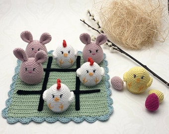 Crochet pattern Super cute Easter Tic tac toe, Three in a Row game, English (US) Terms & Swedish, virkmönster Tre i Rad Påsk