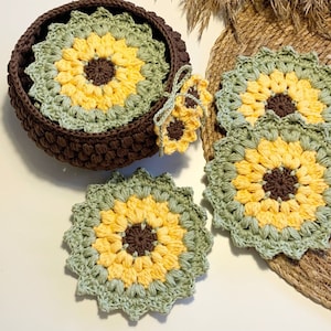 Crochet pattern Sunflower coasters in a Basket with mini Sunflowers, English (US Terms) & Swedish