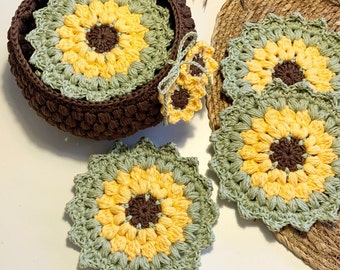 Crochet pattern Sunflower coasters in a Basket with mini Sunflowers, English (US Terms) & Swedish