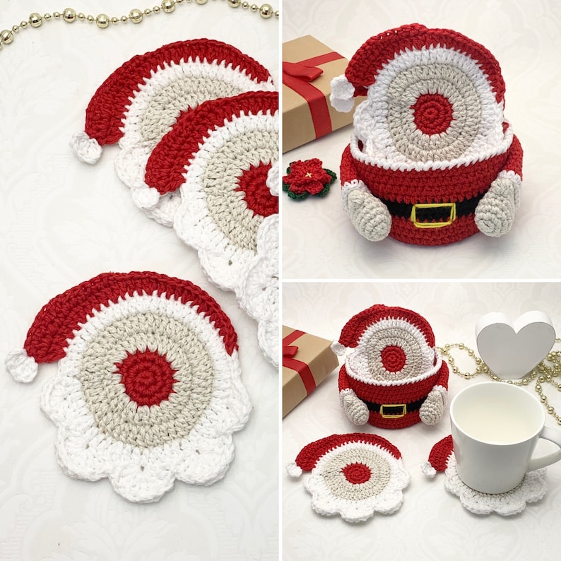 Crochet pattern Santa Coaster with Basket, English US Terms & Swedish, Virkmönster Tomteunderlägg med korg image 4