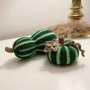 May include: Two handmade crochet pumpkins in shades of green and light green. One is elongated, the other is round. Both have brown stems. These decorative pumpkins are perfect for fall decor.