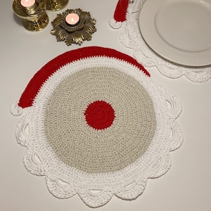 かぎ針編みパターンのサンタ プレイスマット、米国英語用語およびスウェーデン語、Virkmönster Tallriksunderlägg Tomte