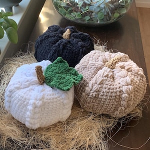 May include: Three crocheted pumpkins in black, white, and beige. The pumpkins are sitting on a bed of straw-like material. The white pumpkin has a green crocheted leaf attached to it.