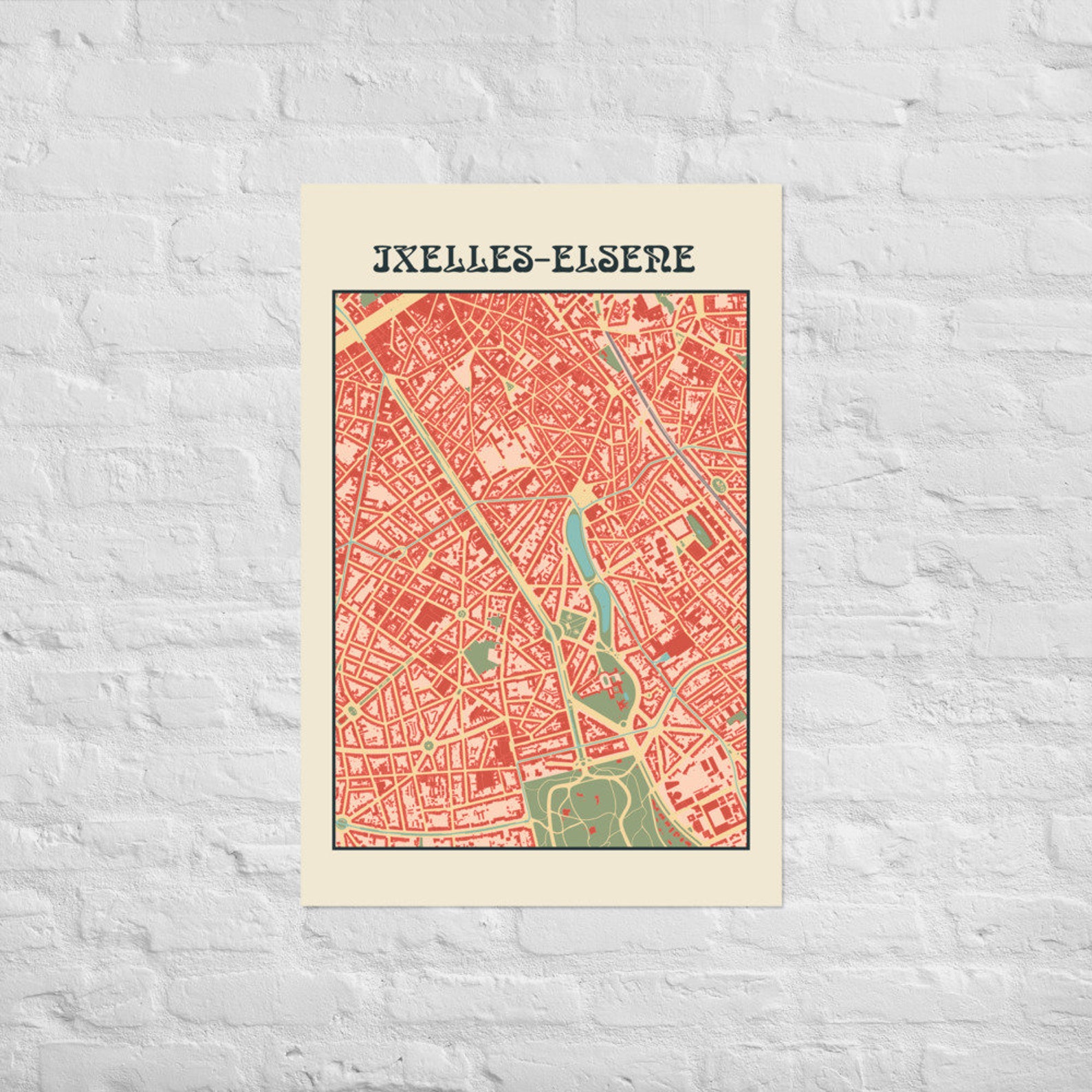 Art Nouveau Style Map of Ixelles Neighbourhood Brussels Etsy