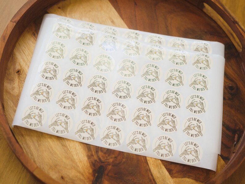 Sticker sheets, 35mm (1.4") labels, Ivory white, "WED 'TIL DED", for wedding favors, stationery, envelope seals, Skeleton ring design. image 2
