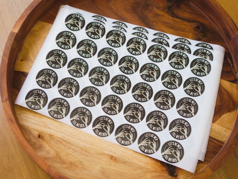 Sticker sheets, 35mm (1.4") labels, Charcoal Black, "WED 'TIL DED", for wedding favors, stationery, envelope seals, Skeleton ring design. image 2
