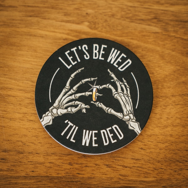 Drinks coasters - WED 'TIL DED, thick and durable, for weddings, favors, props & gifts, skeleton ring, 90mm / 3.5" Charcoal black.