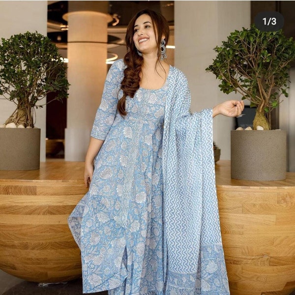 Women Heavy Cotton Anarkali Kurta With Pant Indian Sky Blue Salwar Kameez Beautiful Printed Palazzo kurta Set For Christmas 3 Piece Combo