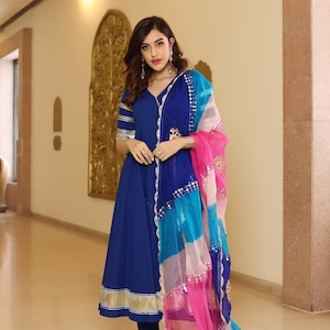 Beautiful Rayon Anarkali Kurti With Dupatta Partywear Long Flared Kurti With Pant Readymade Salwar Kameez Blue Attractive 3 Piece Stitched