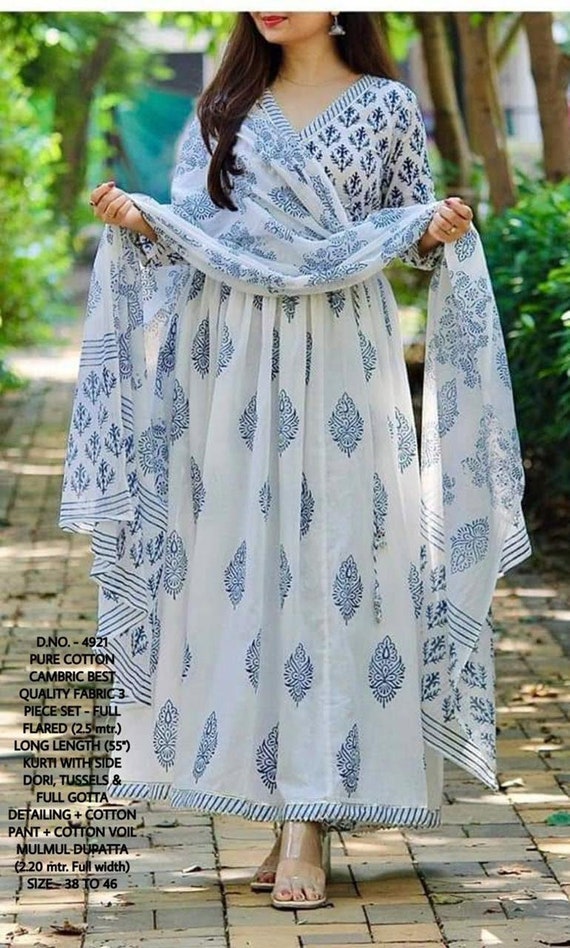 Jaipuri Soft Cotton Anarkali Style Kurti Pant With Dupatta Etsy
