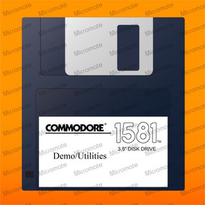 May include: A black and white image of a Commodore 1581 3.5" Disk Drive. The drive is labeled "COMMODORE" and "1581" with the text "3.5" DISK DRIVE" below. The text "Demo/Utilities" is also visible on the drive.