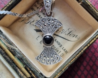 Art Deco Style Sterling Silver Black Onyx Marcasite Bow Pendant on Pretty Silver Chain
