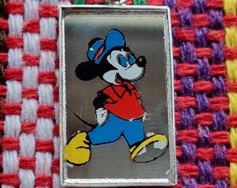 Vintage Walt Disney Micky Mouse Mirror Reverse Painted Glass Sterling Silver Pendant 1978