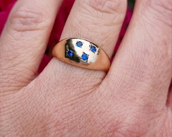 Vintage 9ct Yellow Gold Bombe Ring with 4 Blue Spinel Stones