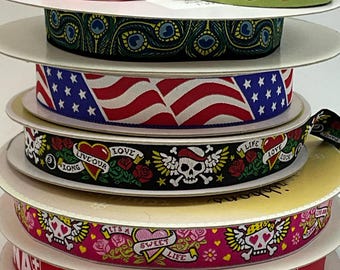 Renaissance Ribbon Peacock Feather, American Flag, Black Skull Crossbones, Pink Skull Hearts