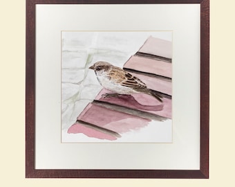 Sparrow on the wall | Reproduction of a watercolor painting | Fine Art Print | 20x20cm
