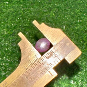 Puede incluir: Una pequeña piedra preciosa de zafiro estrella rosa translúcido de forma ovalada sostenida entre las mandíbulas de un calibrador de latón. El calibrador muestra una medida de aproximadamente 8 milímetros para el ancho de la piedra, que muestra una estrella de seis puntas.