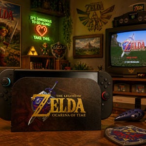 May include: A black gaming console dock featuring a dark brown front panel with the gold text The Legend of Zelda Ocarina of Time and a graphic of the Hylian Shield and Master Sword. The dock is positioned in front of a retro television screen.