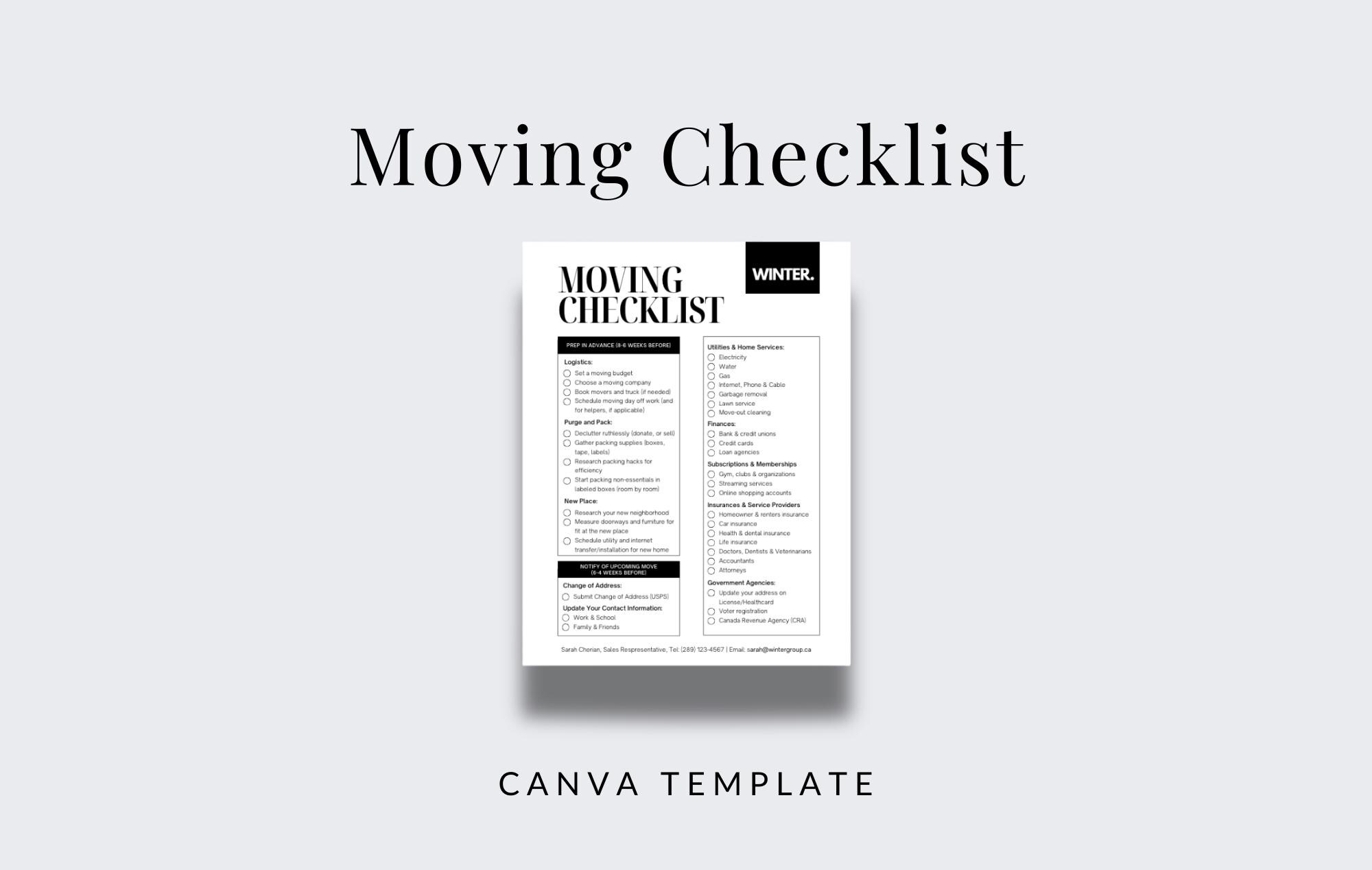 Editable Moving Checklist Canva Template | Real Estate Client Gift ...