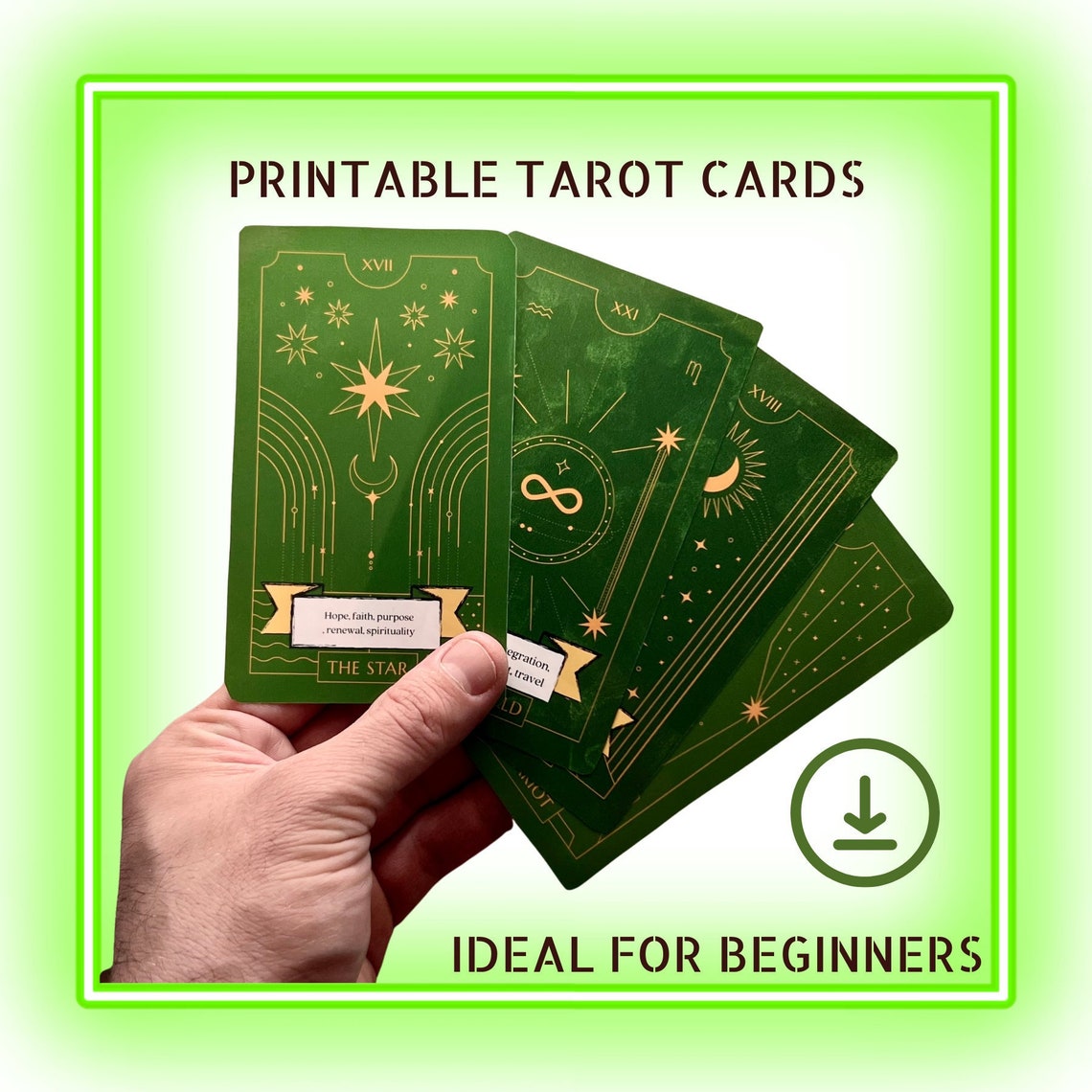 Printable Tarot Cards Green Tarot Deck With Keywords Etsy