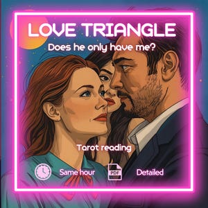 May include: Digital illustration with a neon pink border featuring the text "LOVE TRIANGLE" and "Does he only have me?" A woman with red hair looks up at a man, with another woman behind them. The words "Tarot reading", "Same hour", "PDF", and "Detailed" are also present.