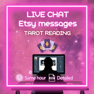 May include: A digital tarot reading service advertisement. The image features a person in front of a computer screen with tarot cards and text that reads "LIVE CHAT, Etsy messages, TAROT READING, Same hour, PDF, Detailed."