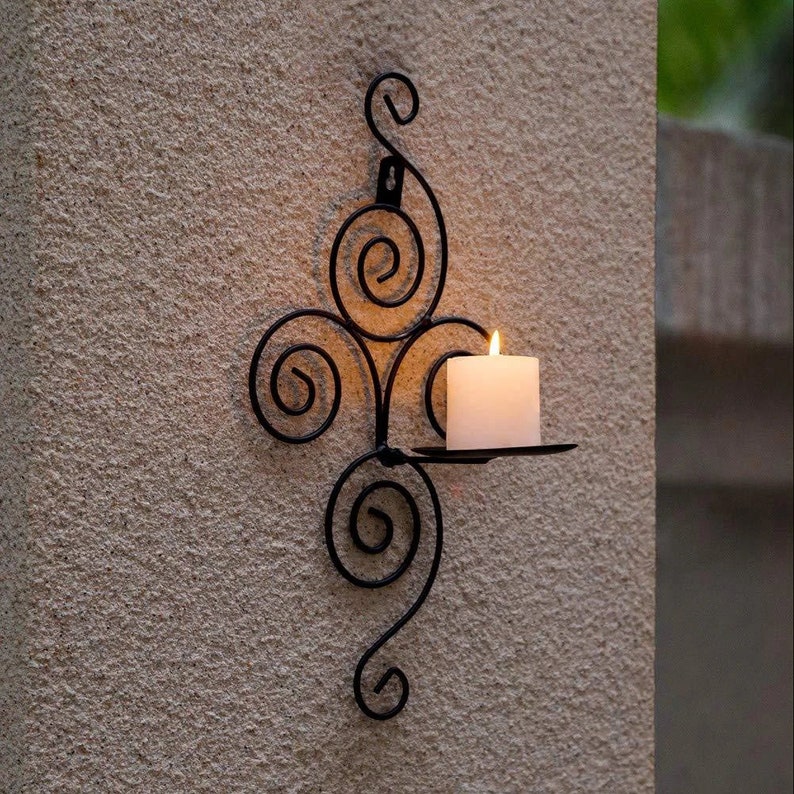 Black Wall Sconce Iron Scroll Candle Holder Candlestick Wall Etsy