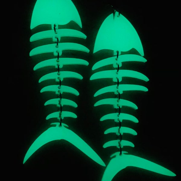 Glow in the dark fish bone earrings, earring dangles, lightweight