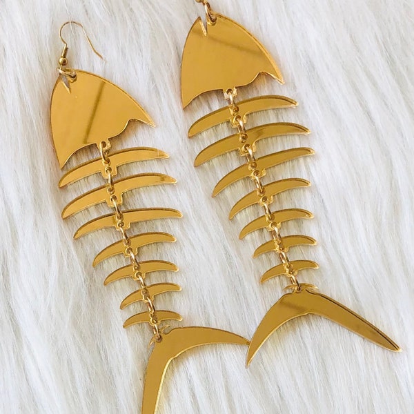 Fish bone earrings, fish skeleton earrings dangles, gold mirror acrylic color