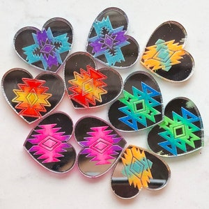 Heart mirror acrylic cabs, cabochons, for beading, aztec design, native design engraved and painted