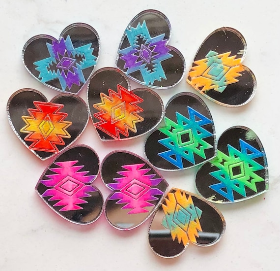Heart Mirror Acrylic Cabs Cabochons for Beading Aztec Design Native Design Engraved and Painted Etsy