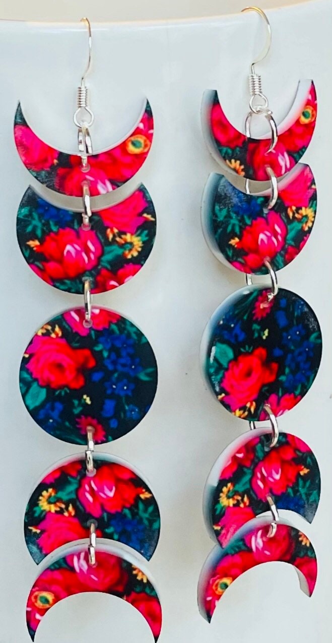 Moon phase earrings cocoon flower earrings yellow floral moon phase earrings acrylic earrings Black strawberry flowerEarrings