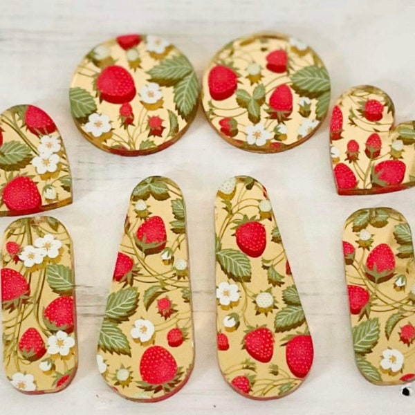 Strawberry pattern centers, strawberry cabochons for jewelry making, gold strawberry pattern acrylic centers.