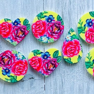 Flower pattern cabochons, Flower, Center piece, Floral Cabs, beading supplies, Neon floral colors, 4 pairs cabochons