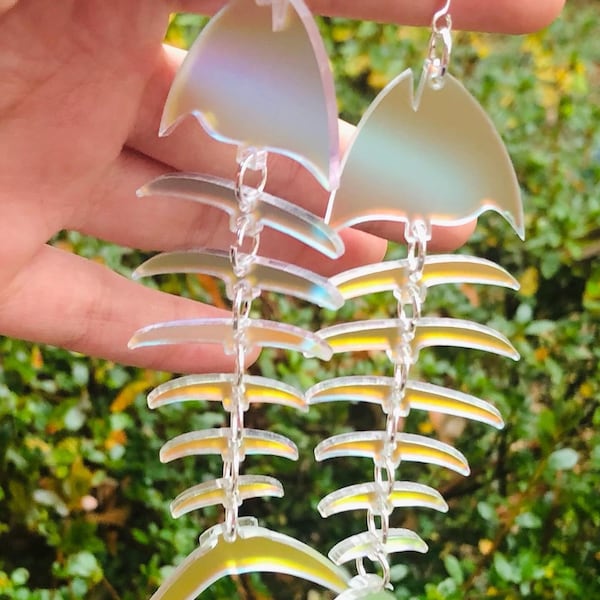 Fish bone dangle earrings, fish skeleton, iridescent acrylic, dangles, lightweight.