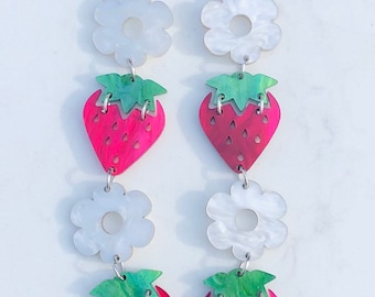 Strawberry dangle earrings acrylic earrings chandelier earrings dangle earrings native earrings floral strawberry earrings