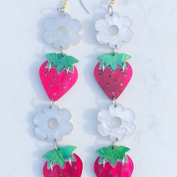 Strawberry dangle earrings acrylic earrings chandelier earrings dangle earrings native earrings floral strawberry earrings