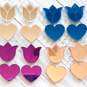Mirror hearts and tulips, tulip cabochons, mirror cabochon hearts,