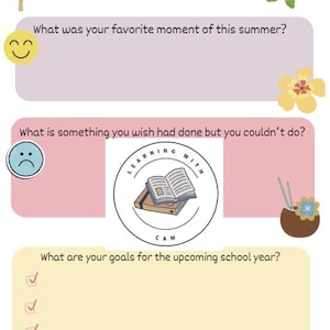 May include: A colorful summer reflection worksheet with the text "Summer Reflection." It includes prompts like "What was your favorite moment of this summer?" and "What are your goals for the upcoming school year?" with decorative elements.