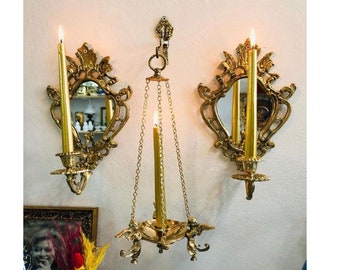 VINTAGE MIRROR FRAME with Brass Candelabra, Wall Oval Mirror with Candlestick, Mirror with Brass Frame, Hanging Candle Holder with Mirror