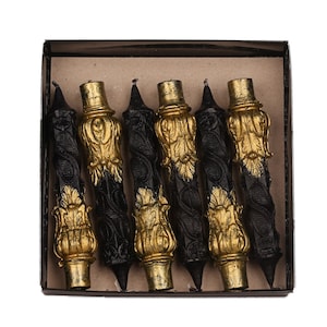 Świeca Black Gold, świeca spiralna, świeca filarowa, świeca niebarwiona, złote świece, dekoracja stołu, świece obiadowe, świece bezzapachowe