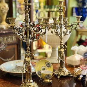 VINTAGE BRASS CANDELABRA, Solid Brass 5 Arm Candle Holder, French Table Centerpiece, Boho Candlesticks, Rustic, Victorian Candle Holder