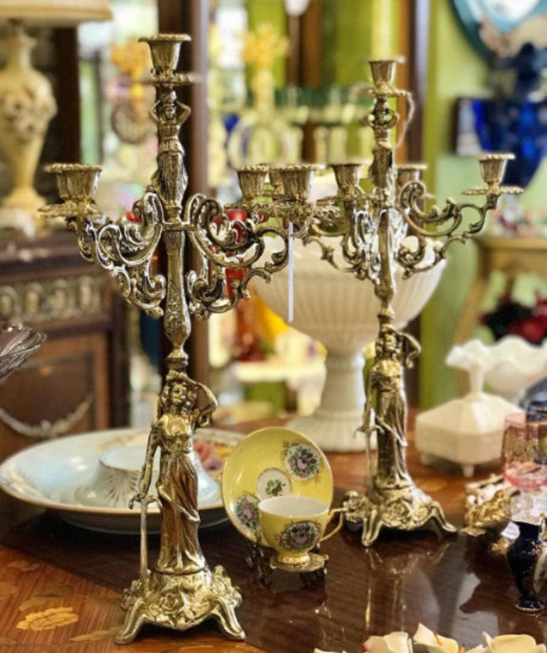 VINTAGE BRASS CANDELABRA, Solid Brass 5 Arm Candle Holder, French Table Centerpiece, Boho Candlesticks, Rustic, Victorian Candle Holder